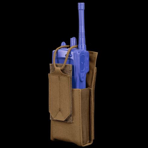 The Condor Patrol Radio Pouch Gen II in brown fabric with a flap cover holds a blue handheld radio, ideal for bushcraft or EDC, shown against a white background.